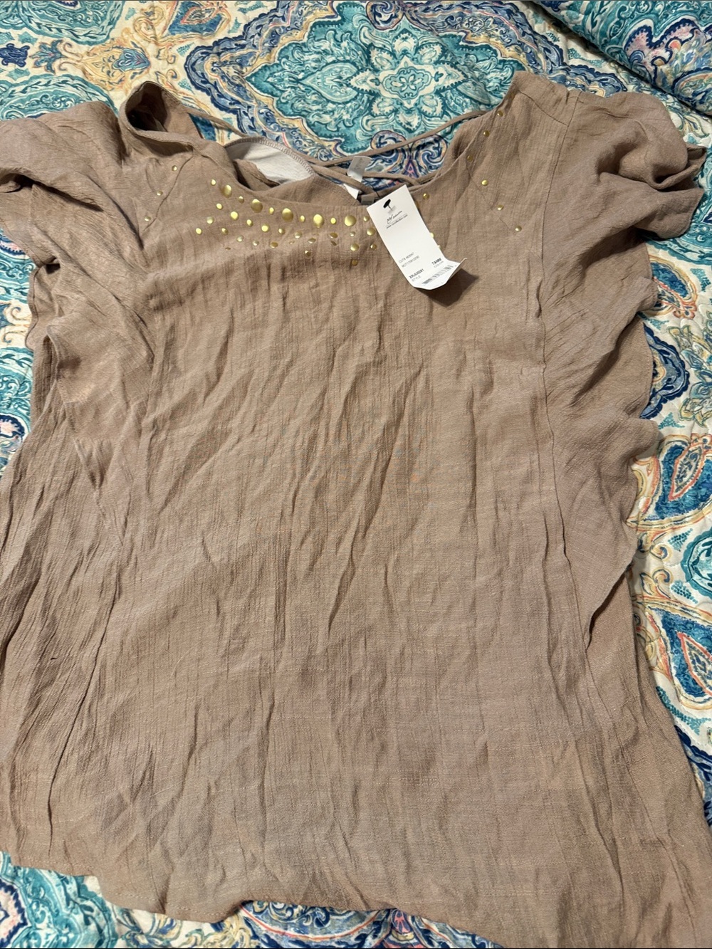 NY Collection Taupe Short Sleeve Top with Gold Studs